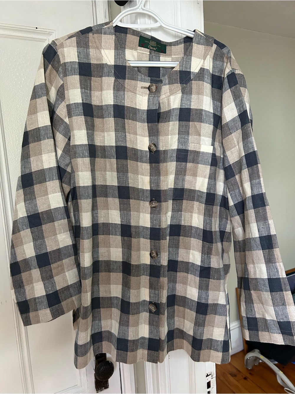 Orvis Linen Check Gingham Button Down Top Shirt Shacket Women's 16 vintage